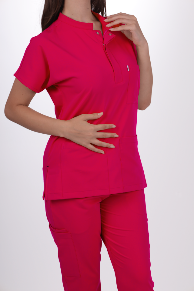 Likralı Snap Seri Kadın Fuşya Scrubs