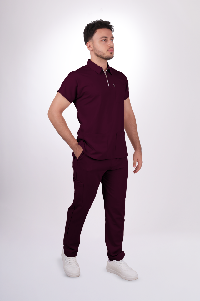Premium Likralı Zipper Seri Erkek Mürdüm Scrubs