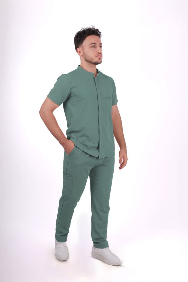 Premium Likralı SnapPrime Seri Erkek Küf Yeşili Scrubs