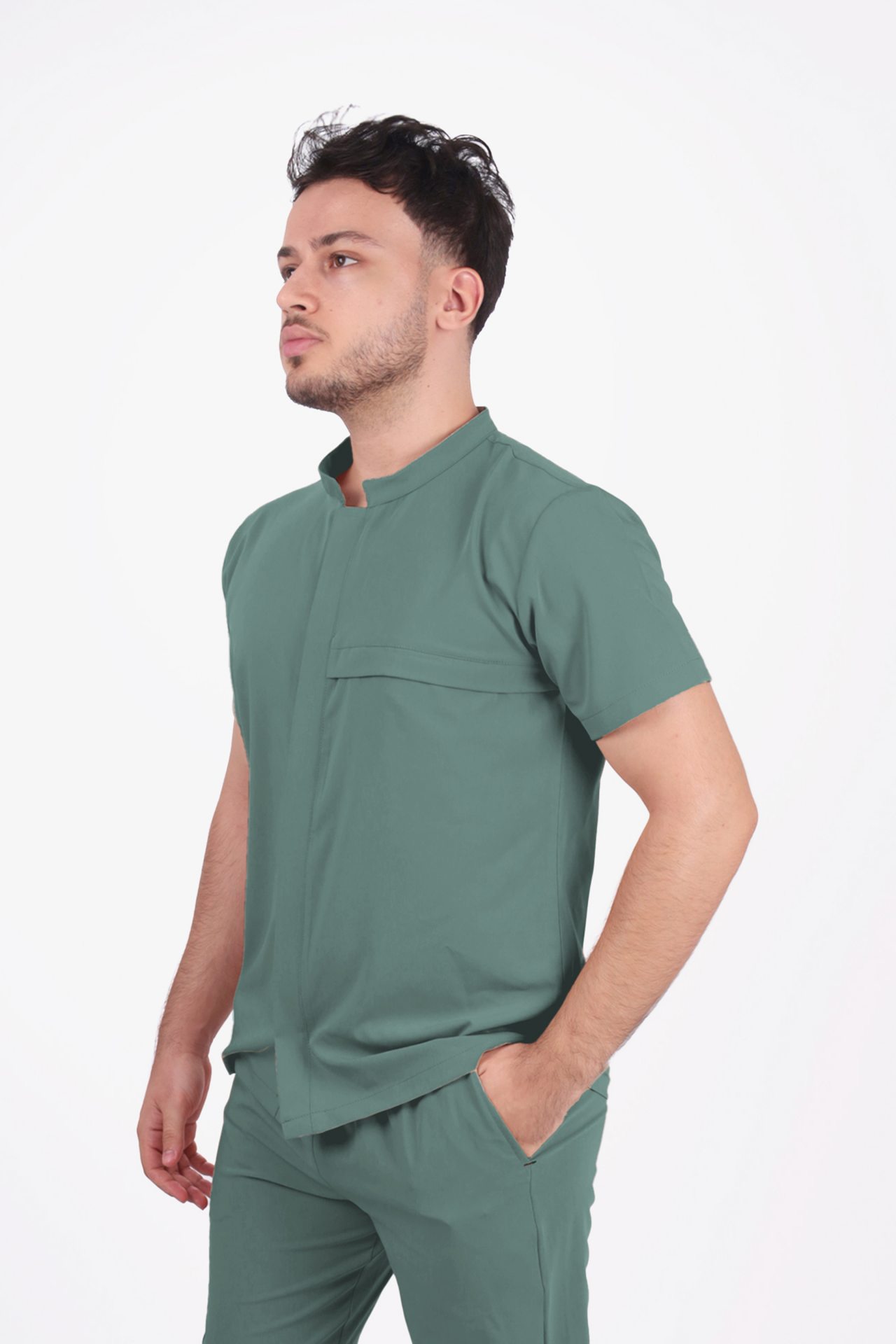 Premium Likralı SnapPrime Seri Erkek Küf Yeşili Scrubs