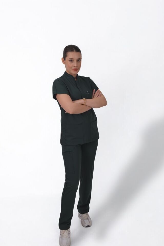 Likralı Snap Seri Kadın Avcı Yeşili Scrubs