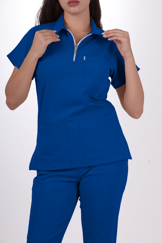 Premium Likralı Zipper Seri Kadın Saks Mavisi Scrubs
