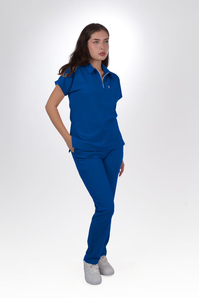 Premium Likralı Zipper Seri Kadın Saks Mavisi Scrubs