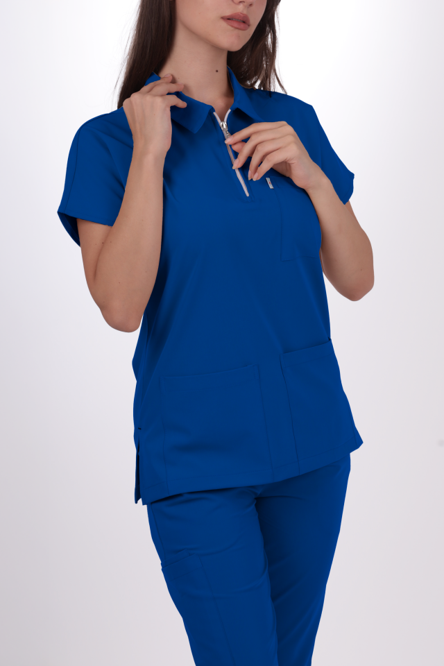 Premium Likralı Zipper Seri Kadın Saks Mavisi Scrubs