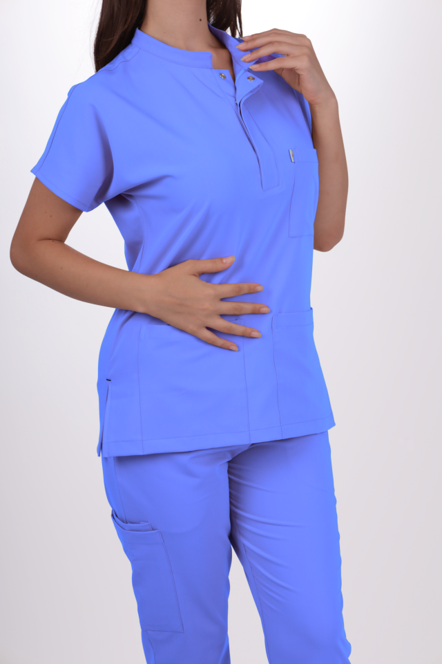 Premium Likralı Snap Seri Kadın Açık Mavi Scrubs