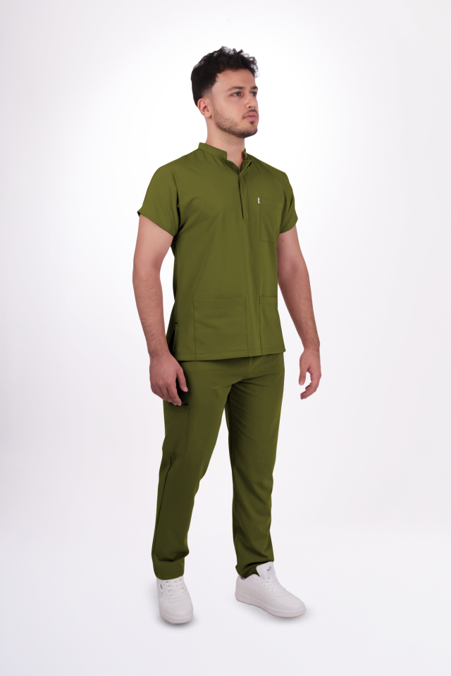 Premium Likralı Snap Seri Erkek Yağ Yeşili Scrubs