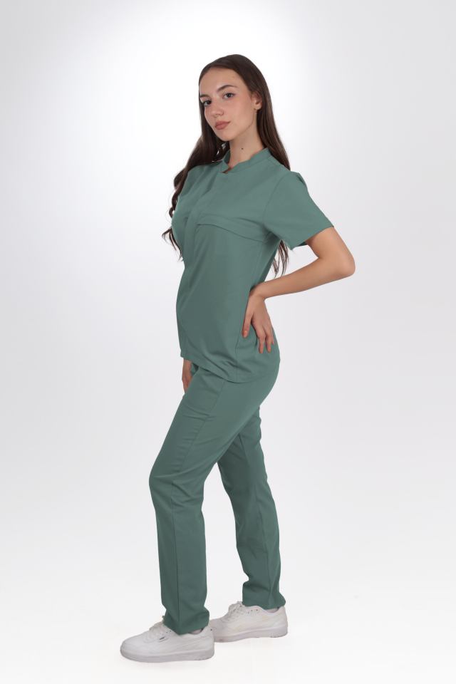 Premium Likralı SnapPrime Seri Kadın Küf Yeşili Scrubs