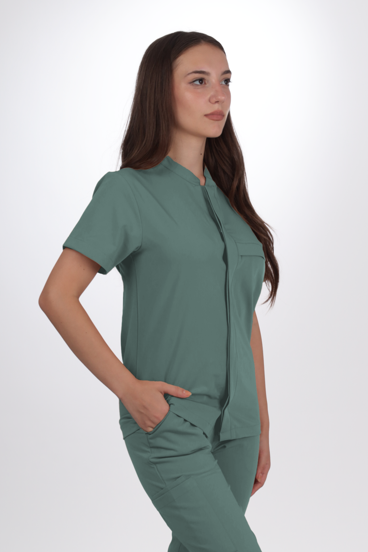 Premium Likralı SnapPrime Seri Kadın Küf Yeşili Scrubs
