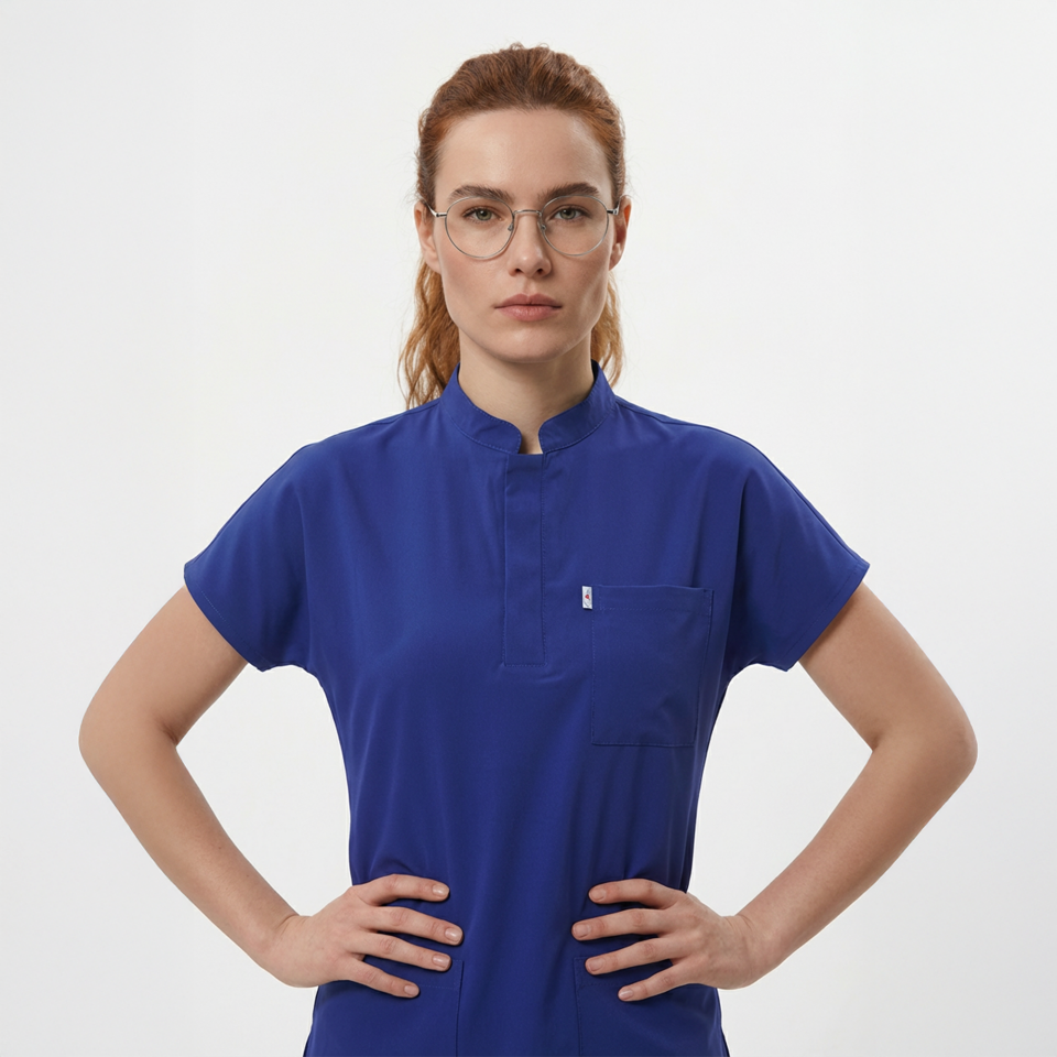 Likralı Snap Seri Kadın Saks Mavisi Scrubs