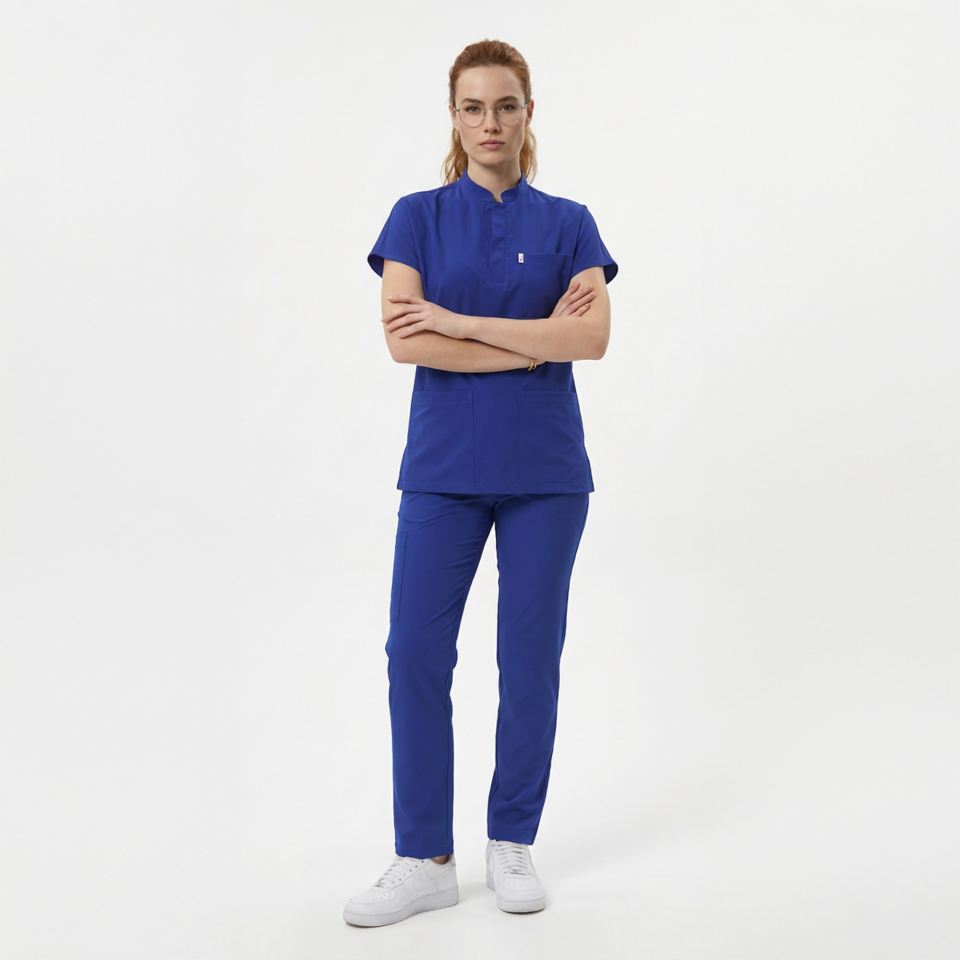 Likralı Snap Seri Kadın Saks Mavisi Scrubs