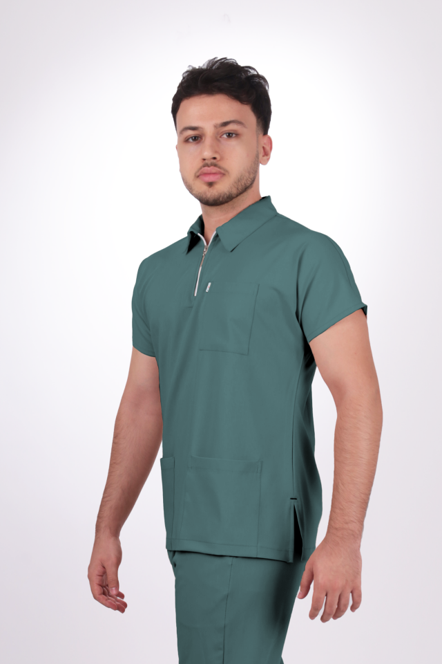Premium Likralı Zipper Seri Erkek Okyanus Mavisi Scrubs