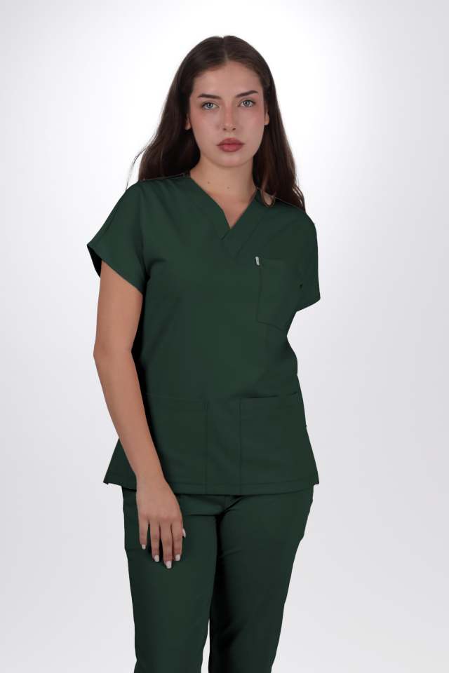 Premium Likralı Klasik Seri Kadın Koyu Haki Scrubs