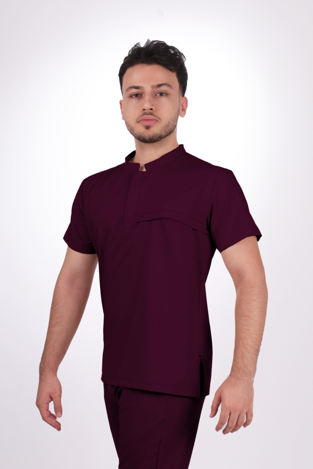 Premium Likralı Tek Cepli Çıtçıt Erkek Mürdüm Scrubs