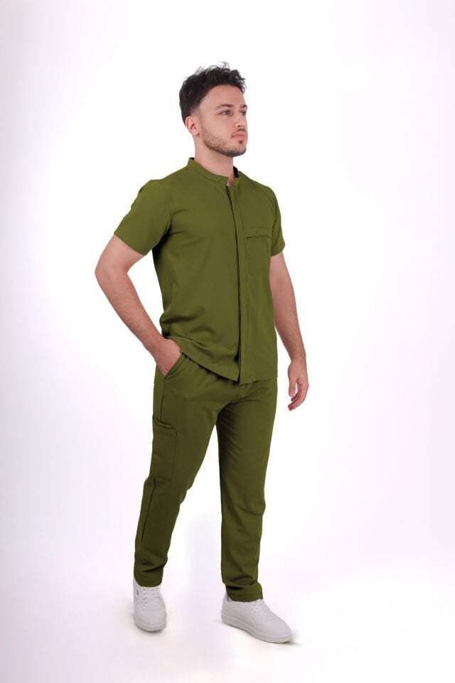 Premium Likralı Boydan Çıtçıt Seri Erkek Yağ Yeşili Scrubs