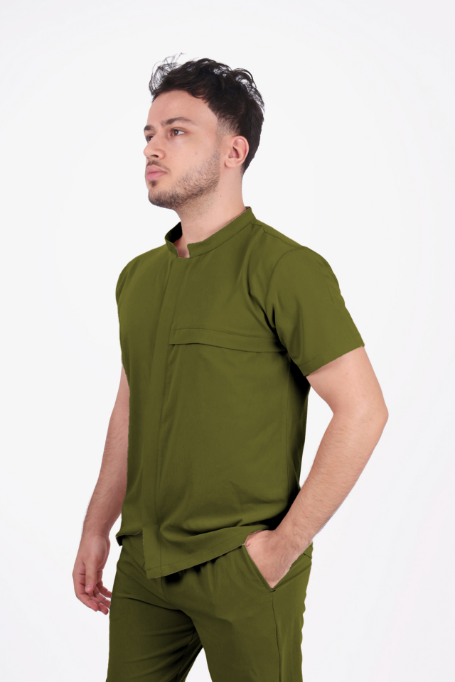 Premium Likralı Boydan Çıtçıt Seri Erkek Yağ Yeşili Scrubs