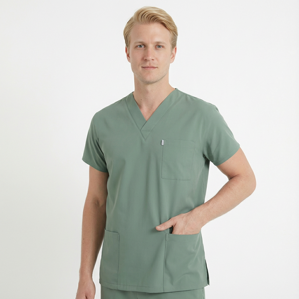 Terycoton Kumaş Klasik Seri Erkek Küf Yeşili  Scrubs Terycoton