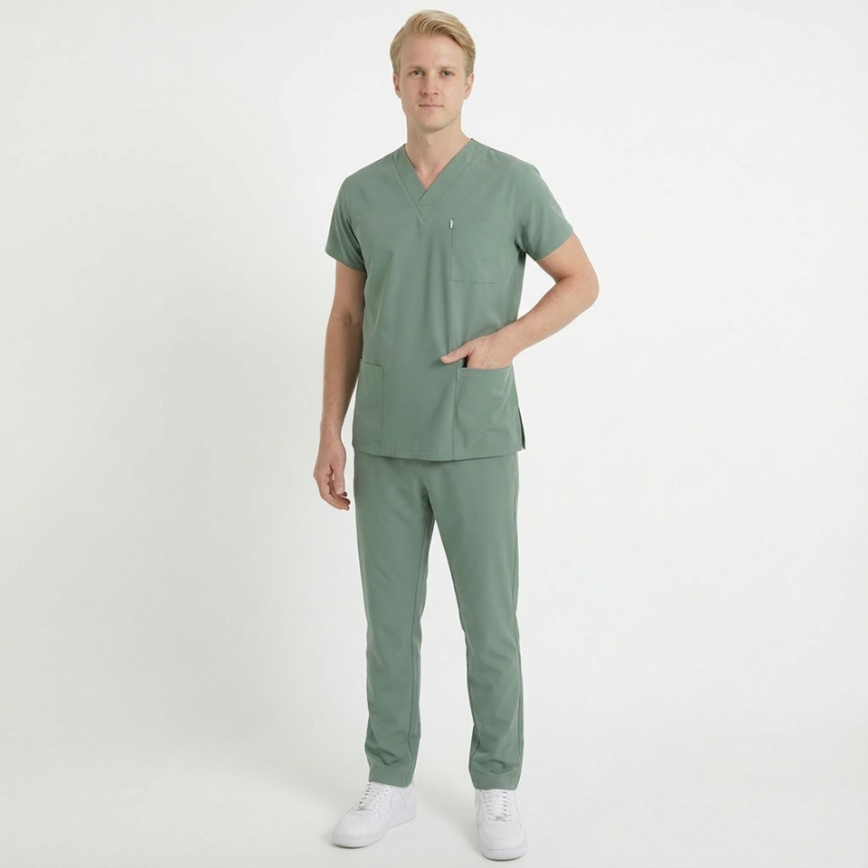 Terycoton Kumaş Klasik Seri Erkek Küf Yeşili  Scrubs Terycoton