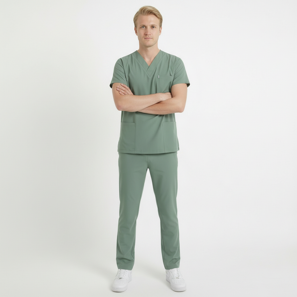 Terycoton Kumaş Klasik Seri Erkek Küf Yeşili  Scrubs Terycoton