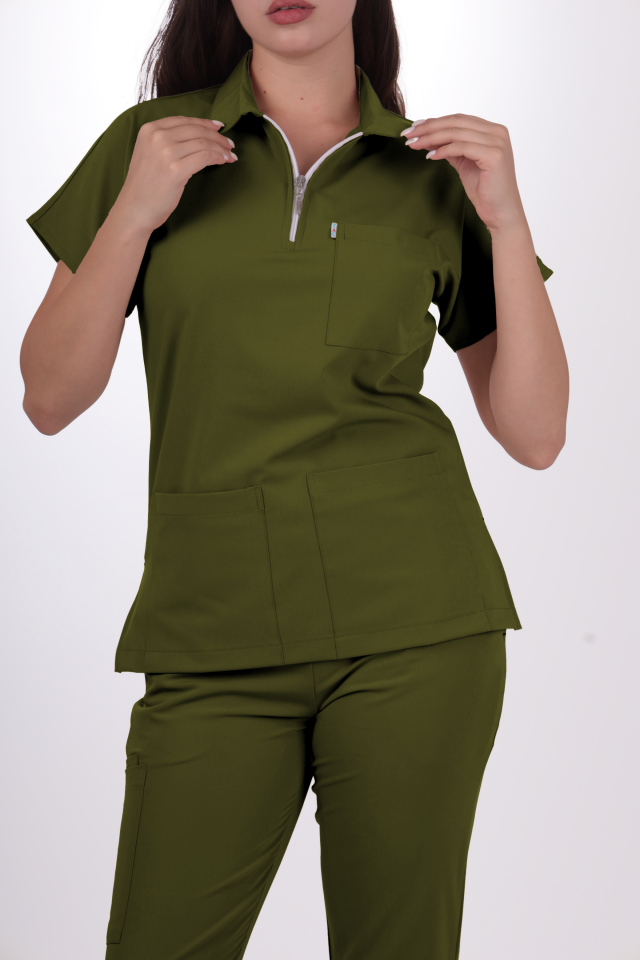 Premium Likralı Zipper Seri Kadın Yağ Yeşili Üniforma Takım