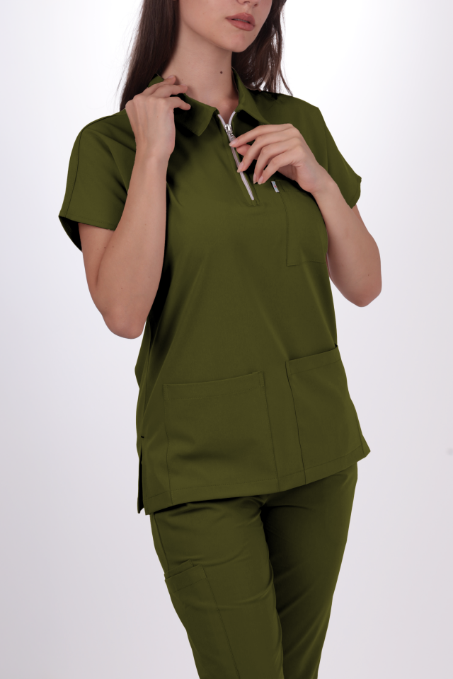Premium Likralı Zipper Seri Kadın Yağ Yeşili Üniforma Takım