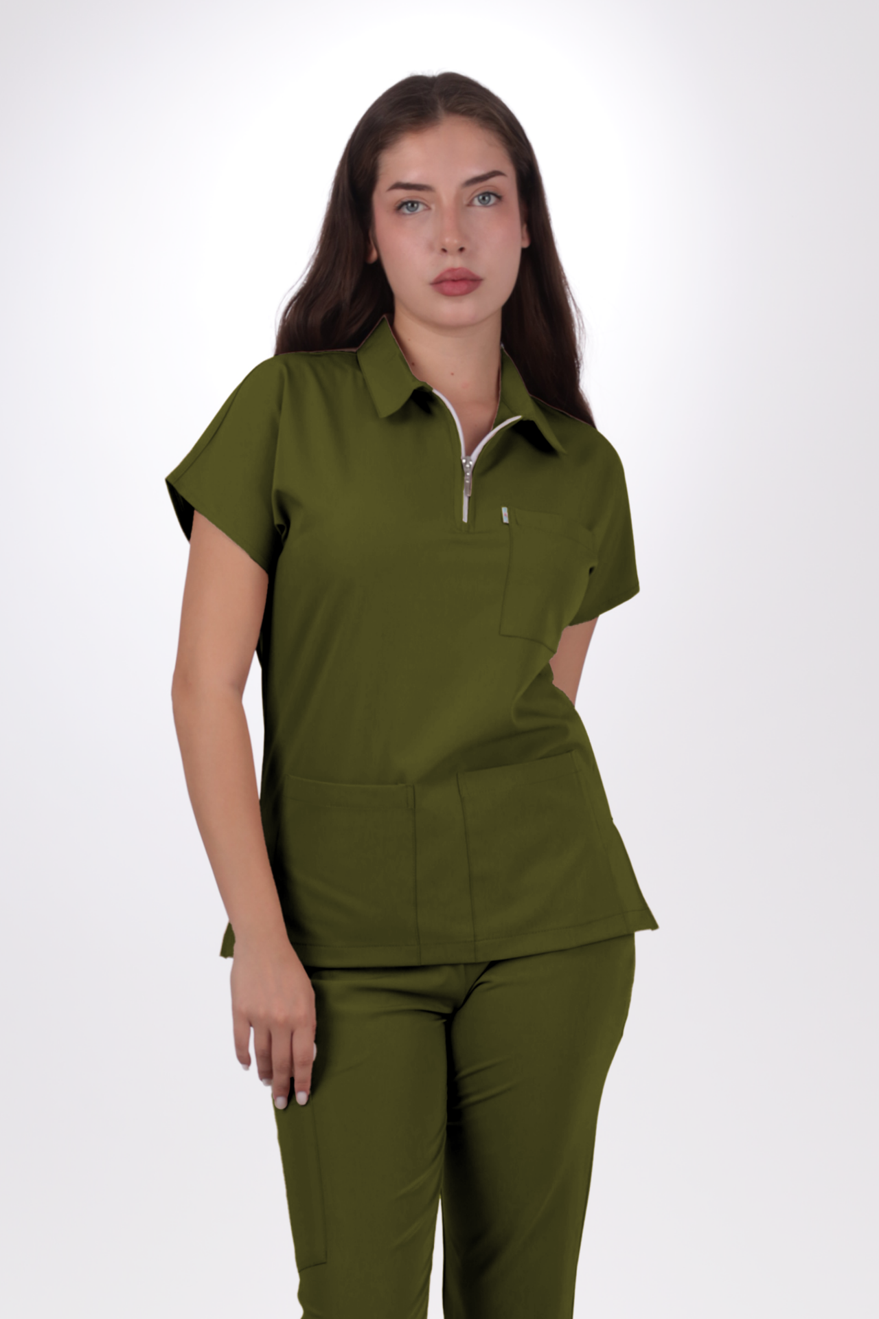 Premium Likralı Zipper Seri Kadın Yağ Yeşili Üniforma Takım