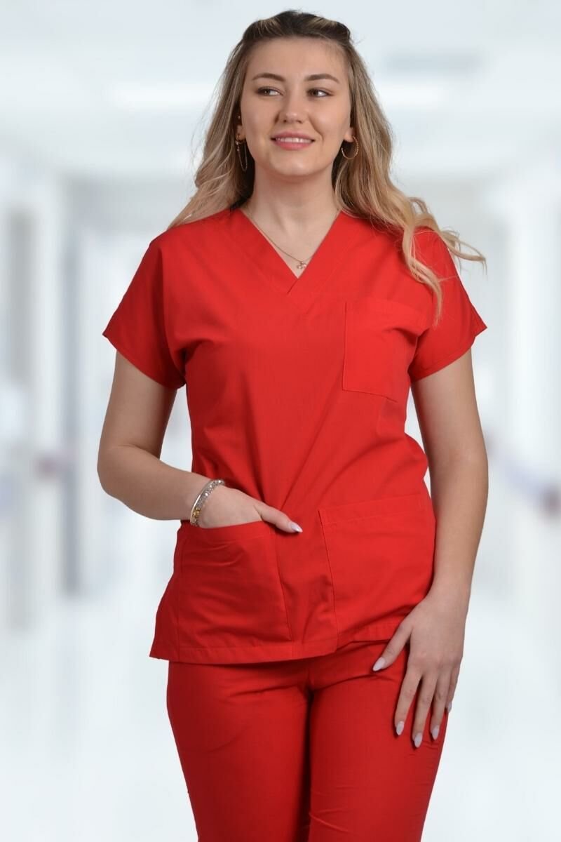 Kadın Likralı Kırmızı Doktor Hemşire Forması XS - Hayır - İsim Yazılmasın - TEK ÜST
