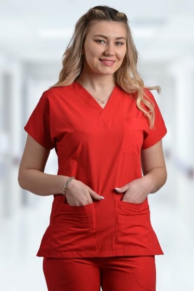 Kadın Likralı Kırmızı Doktor Hemşire Forması XS - Hayır - İsim Yazılmasın - TEK ÜST