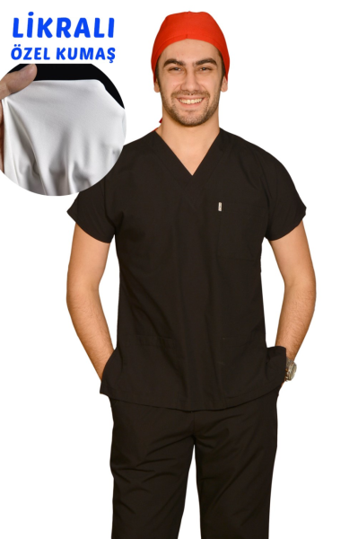 Erkek Likralı Siyah Doktor Hemşire Forması