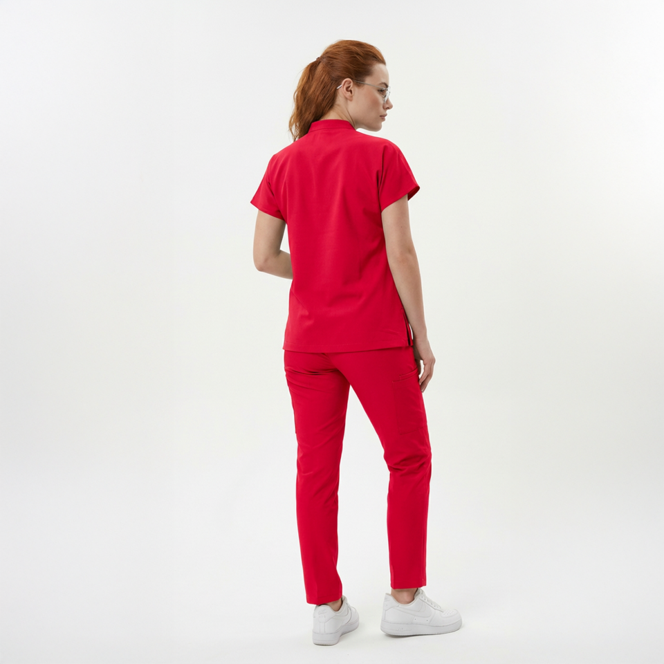 Likralı Snap Seri Kadın Kırmızı Scrubs