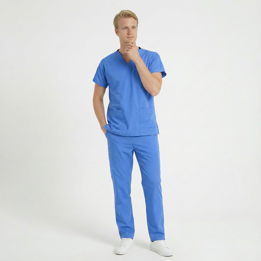 Likralı Klasik Seri Erkek Gök Mavisi Scrubs