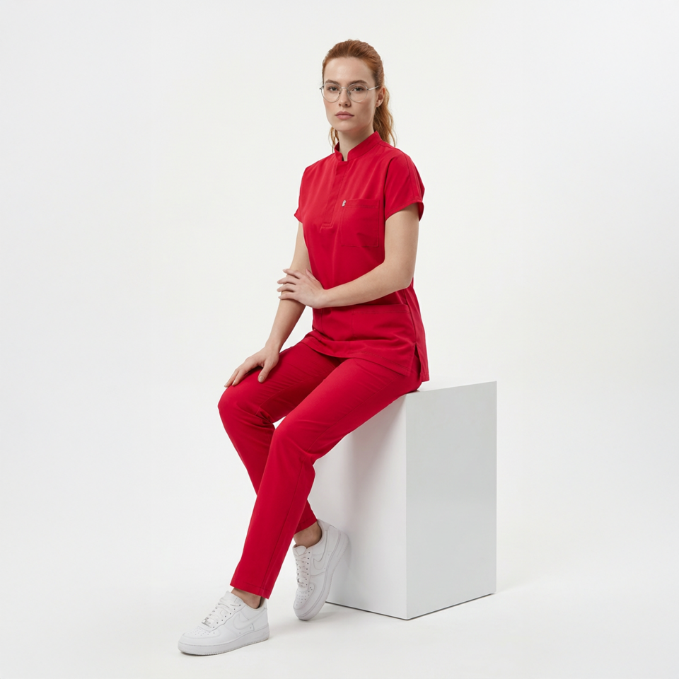 Likralı Snap Seri Kadın Kırmızı Scrubs