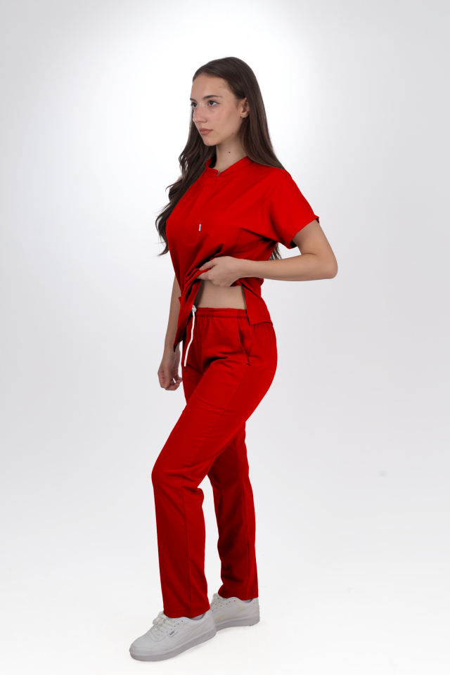 Likralı Snap Seri Kadın Kırmızı Scrubs
