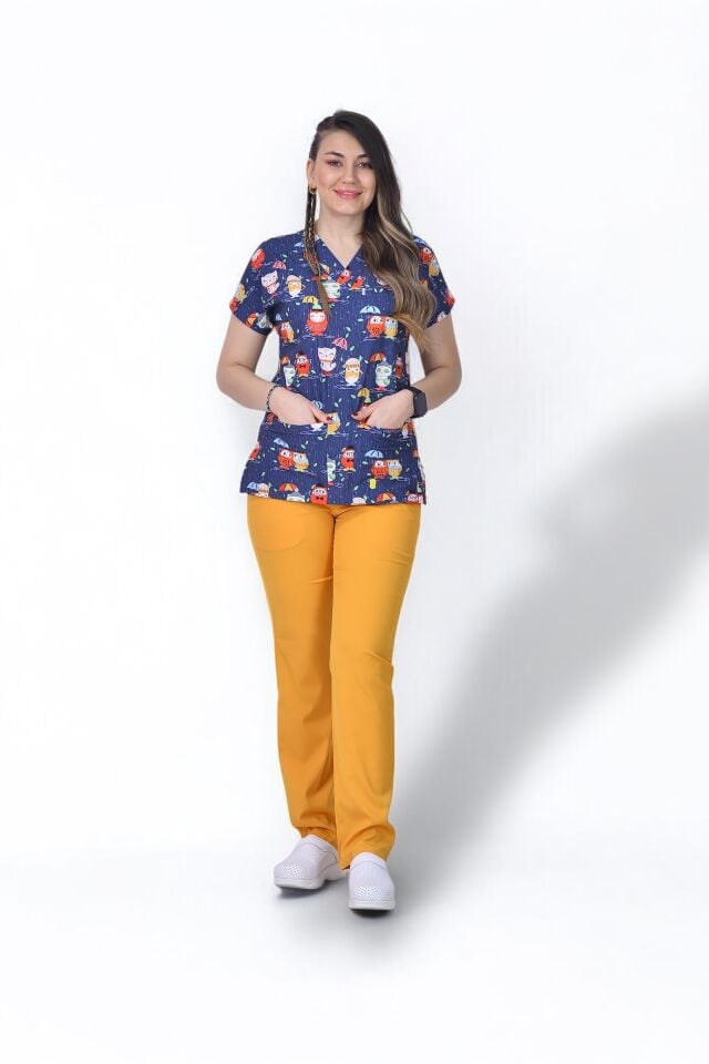 Desenli Seri Üst Baykuş Desenli Lacivert /Alt Hardal Sarı Likralı Pantolon