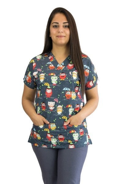 Kadın Baykuş Desenli Füme Doktor Hemşire Forması XS - Evet - İsim Yazılsın +80₺ - TEK ALT