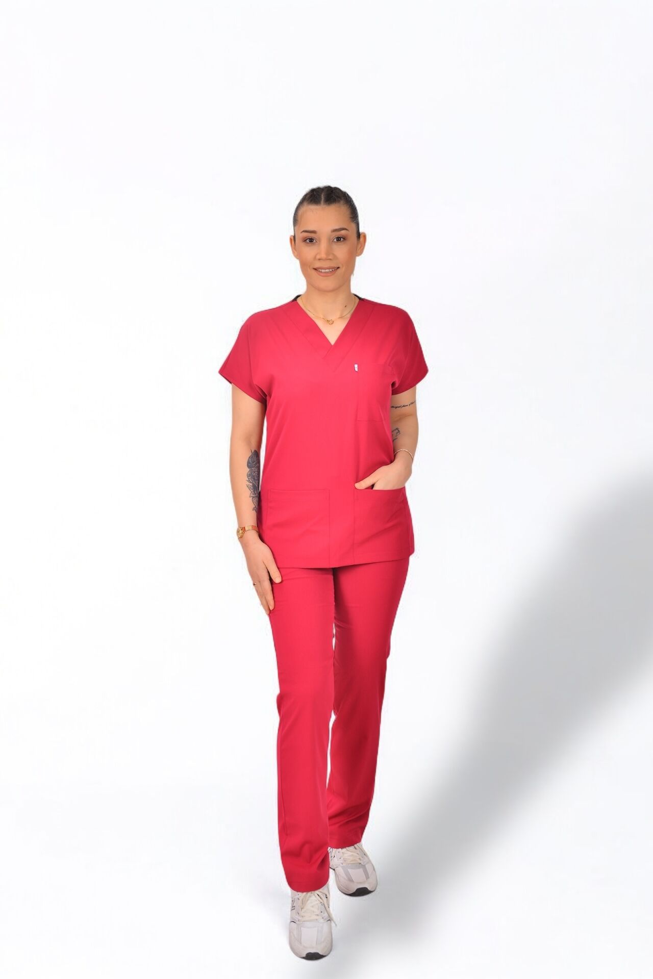 Premium Likralı Klasik Seri Kadın Scrubs Fuşya Scrubs
