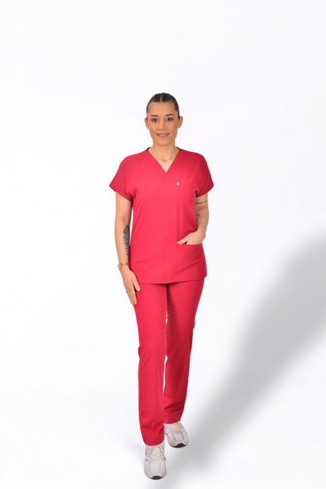 Premium Likralı Klasik Seri Kadın Scrubs Fuşya Scrubs