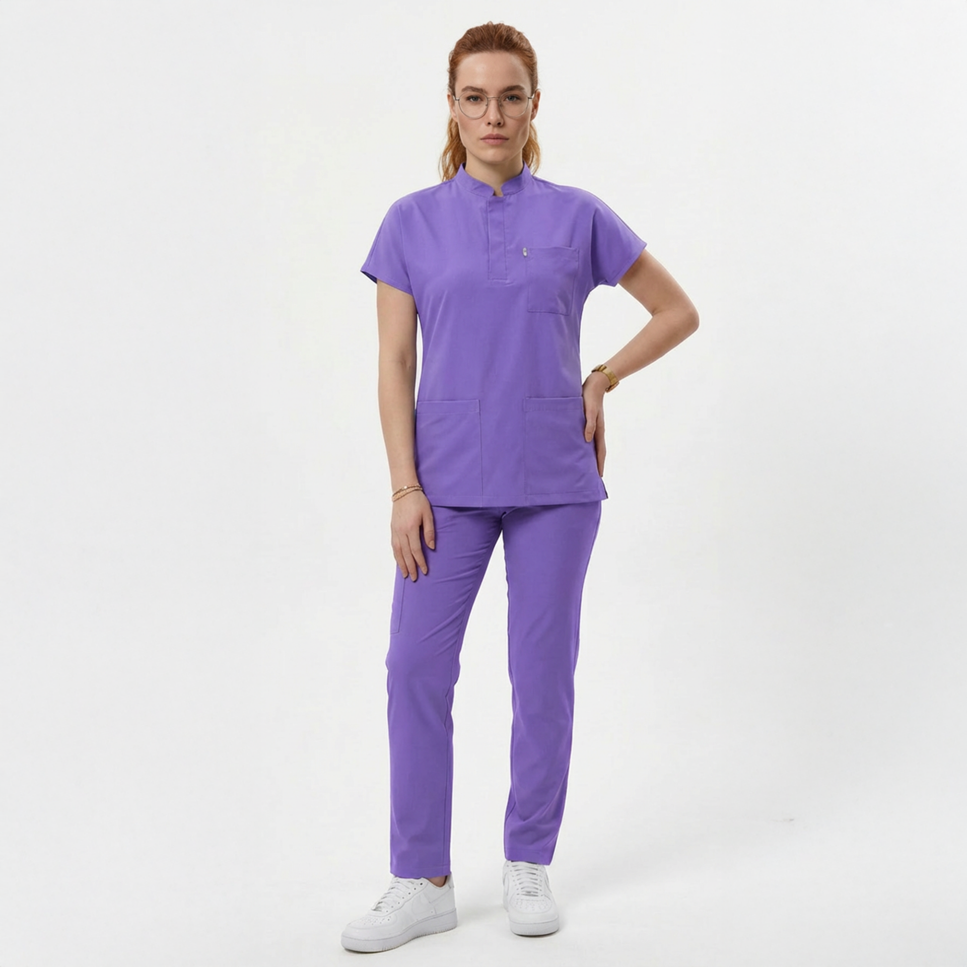Likralı Snap Seri Kadın Lila Scrubs