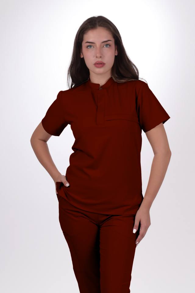 Premium Likralı Lotus Seri Kadın Bordo Scrubs
