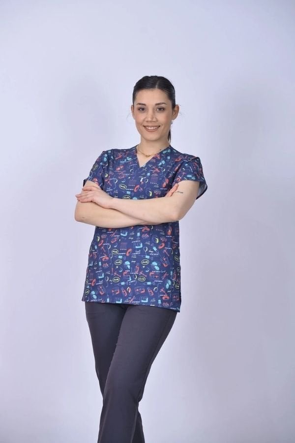Desenli Seri  Üst  Bilimsel Desen /Alt Antrasit Gri Likralı Pantolon