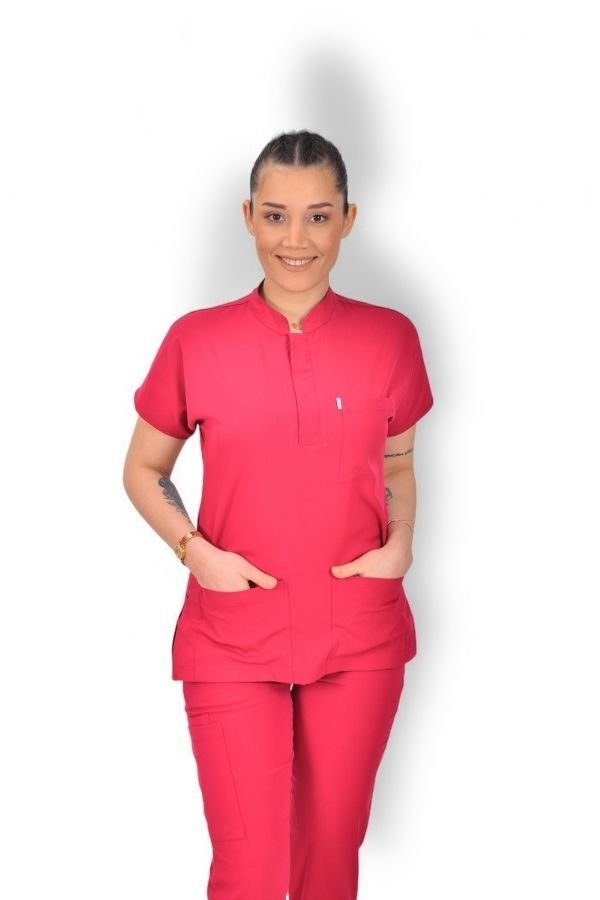 Likralı Snap Seri Kadın Fuşya Scrubs