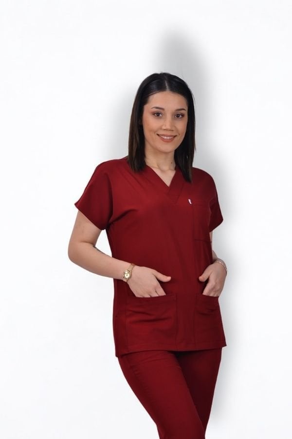 Premium Likralı Klasik Seri Kadın Bordo Scrubs