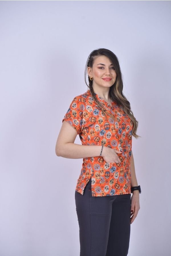 Desenli Seri Üst Turuncu Kurukafa /Alt  Antrasit Gri Likralı Pantolon