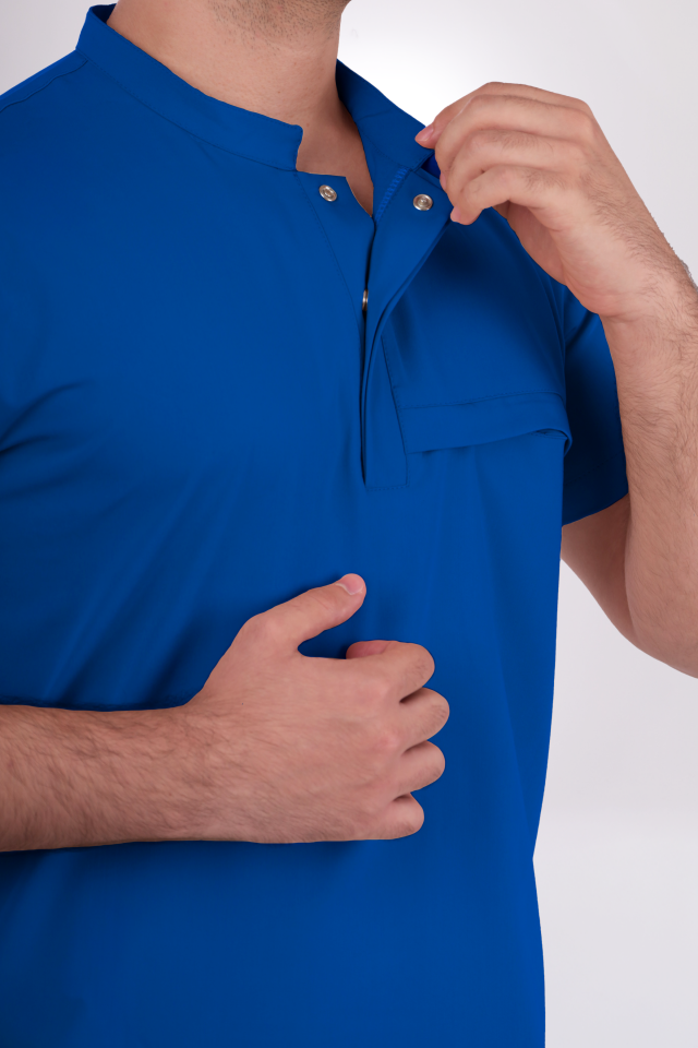 Premium Likralı Tek Cepli Çıtçıt Erkek Saks Mavisi Scrubs