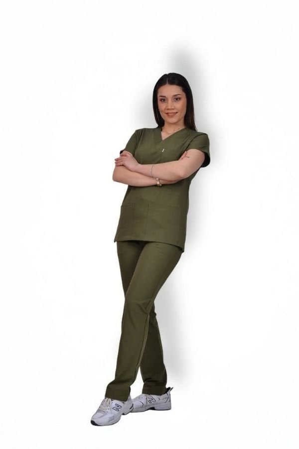 Premium Likralı Klasik Seri Kadın Haki Scrubs