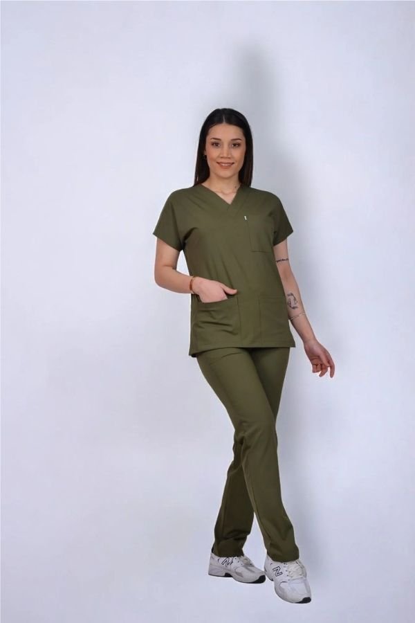 Premium Likralı Klasik Seri Kadın Haki Scrubs