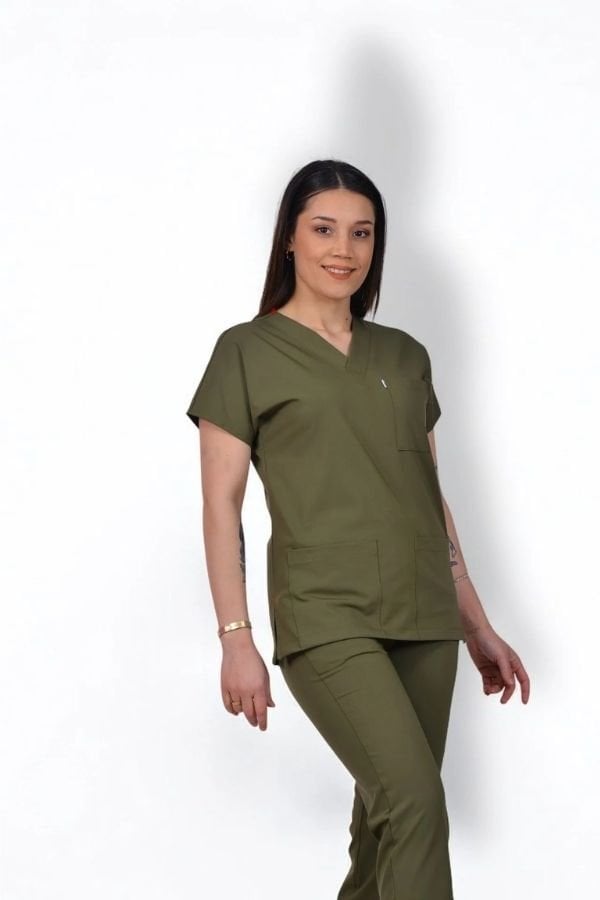 Premium Likralı Klasik Seri Kadın Haki Scrubs