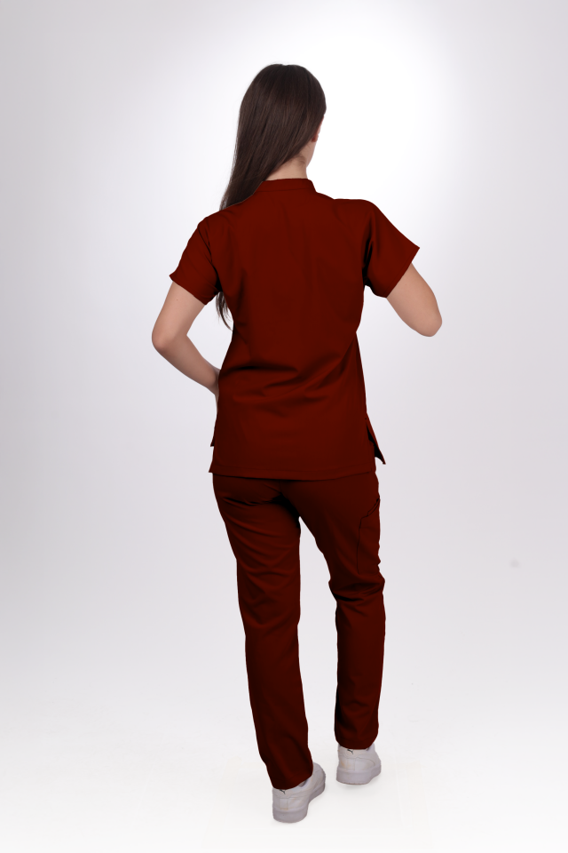 Premium Likralı Snap Seri Kadın Bordo Scrubs