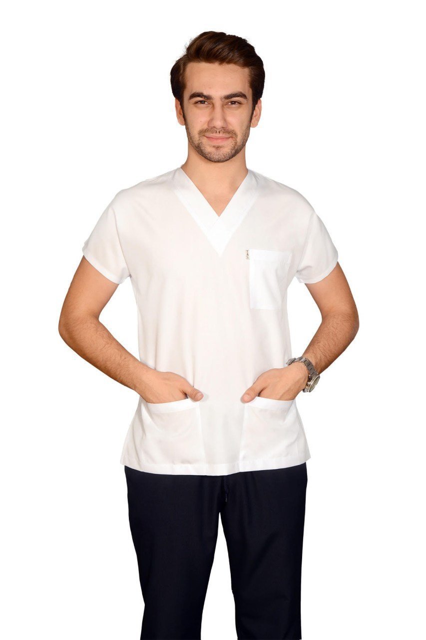 Erkek Beyaz / Lacivert  Alpaka Yarasa Kol Hemşire Takımı S - Evet - İsim Yazılsın +100₺ - TEK ALT