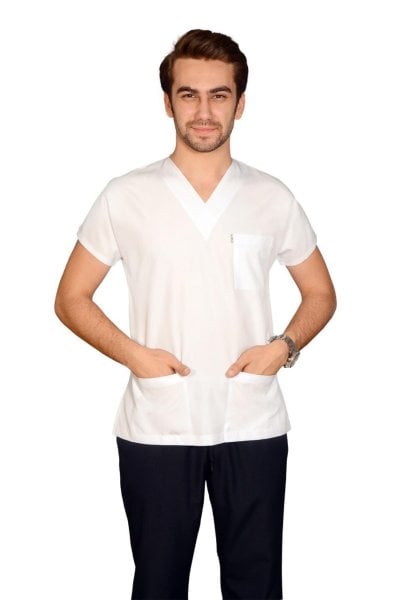Erkek Beyaz / Lacivert  Alpaka Yarasa Kol Hemşire Takımı