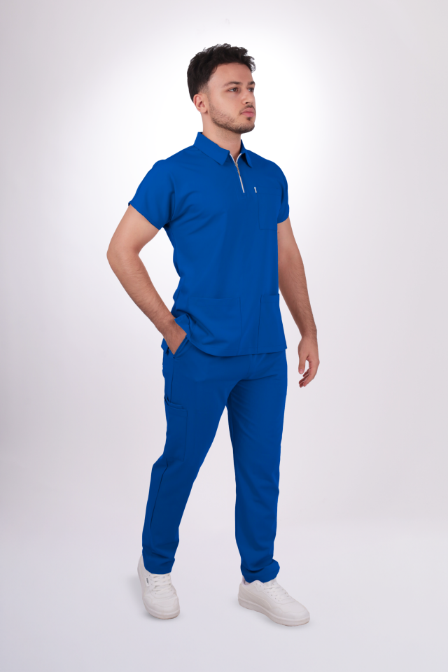 Premium Likralı Zipper Seri Erkek Saks Mavisi Üniforma Takım